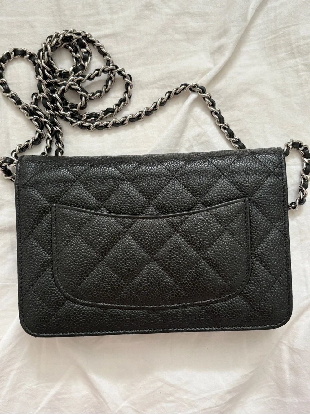CHANEL Black Quilted Caviar Leather Crossbody Wallet with Silver Chain